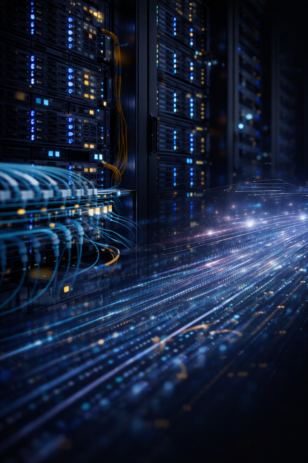 Data center servers with network cables and flowing digital data